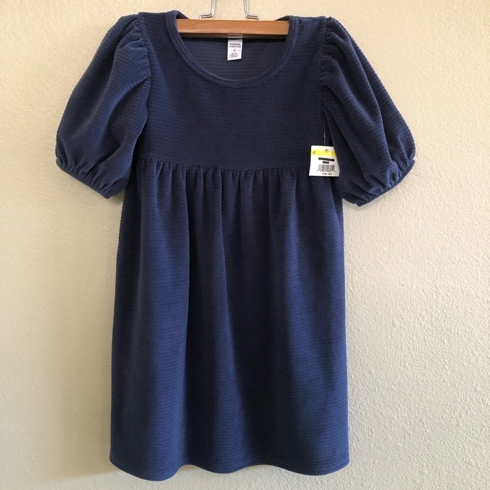 Harper Canyon Girls Ribbed Velour Puff Sleeves Navy Blue Dress Size 6 - Picture 1 of 8